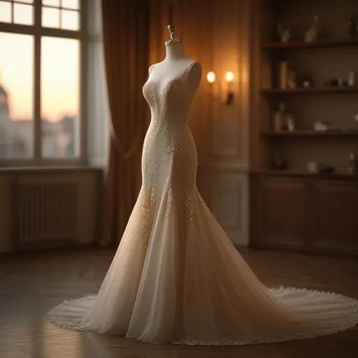 Egy kézműves varrónő pontosan illeszt egy menyasszonyi ruha anyagát varrat közben egy stúdióban