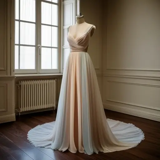 Egy műhelyben egyedi alkalmi ruha készítésének folyamatát mutató szerszámok és anyagok.