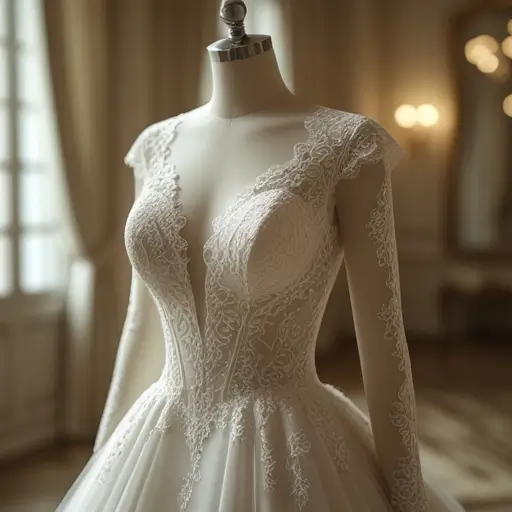 Egy kézműves varrónő finom részleteket dolgoz ki egy menyasszonyi ruha elkészítésénél egy műhelyben