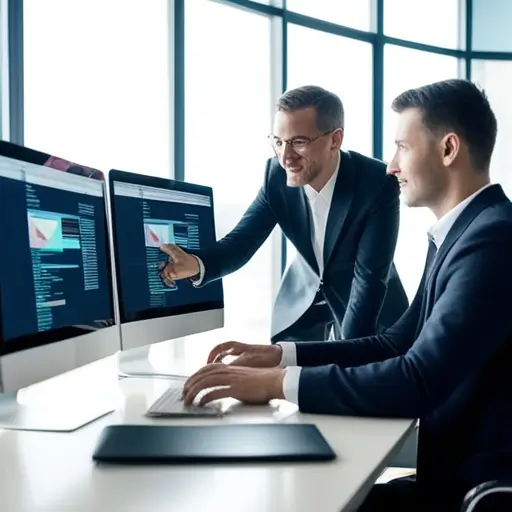 Fejlesztő laptopján javít kódot, miközben az asztali és mobilnézet is látható egy kisvállalkozás honlapján