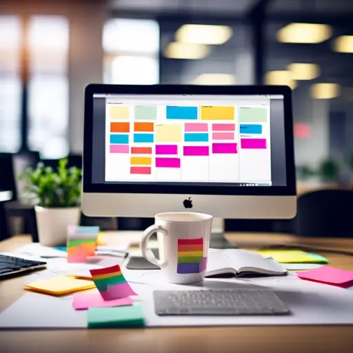 Laptopon weboldal szerkesztő felület, mellette marketingstratégia vázlata és célcsoportot ábrázoló grafikák