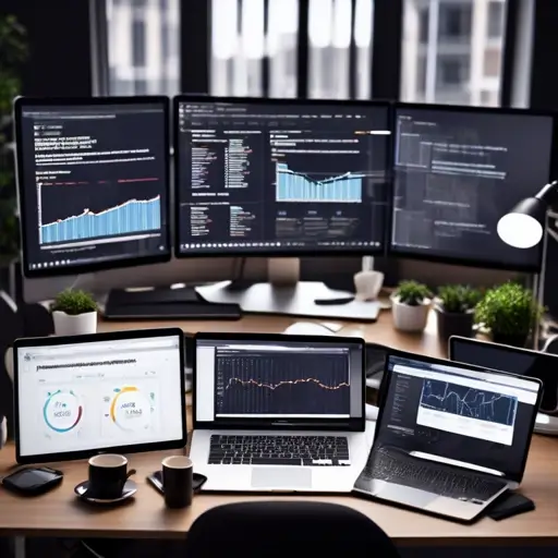 Modern irodai asztalon nyitott laptopon látható weboldal menedzsment felület elemző grafikonokkal