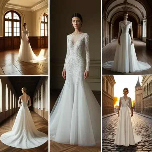 Elegáns, kézzel hímzett menyasszonyi ruha finom csipkebetétekkel egy budapesti szalon próbafülkéjében.