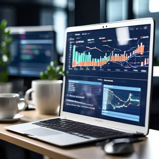 Laptop képernyőjén SEO-s eszköz felülete, kulcsszópozíciók és organikus forgalom grafikonjai láthatók