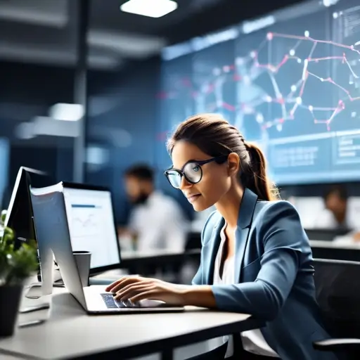 Laptop kijelzőjén felugró statisztikák és kulcsszavas találati lista, csapattagok SEO stratégiáról beszélgetnek.