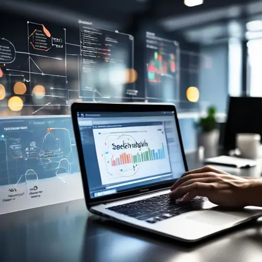 Laptop kijelzőjén színes grafikonok és kulcsszóelemzési adatok egy online marketing panelen