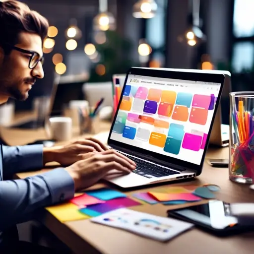 Laptop képernyőn HTML-kód egy böngésző ablakban, asztalon jegyzetfüzet és grafikai skiccek a webapplikációhoz