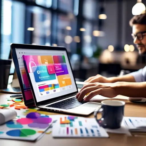 Laptopon HTML- és CSS-kódok szerkesztése kódszerkesztőben, háttérben webböngésző előnézeti ablakkal.