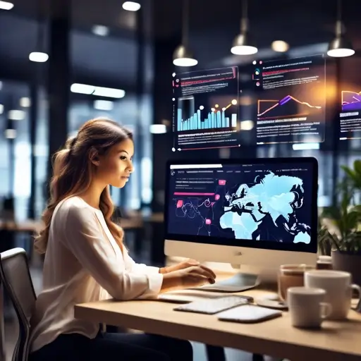 Marketinges elemzi a webanalitika statisztikáit laptop mellett, színes grafikonok láthatók a képernyőn