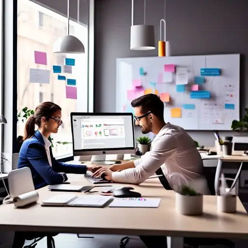 Laptop kijelzőjén weboldal wireframe vázlat, mellette jegyzetfüzet, ceruza és kávéscsésze az ötleteléshez