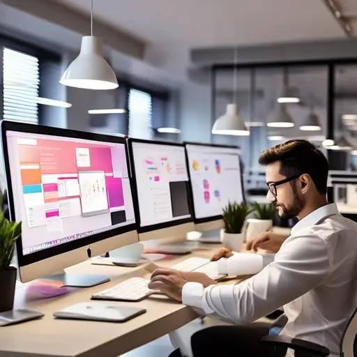 Laptop képernyőjén modern weboldalterv, mellette jegyzetfüzet és színes tervezőceruzák