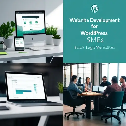 Fehér asztalon nyitott laptopon kódsorok és kisvállalati weboldal-vázlat, mellette jegyzetfüzet és ceruza