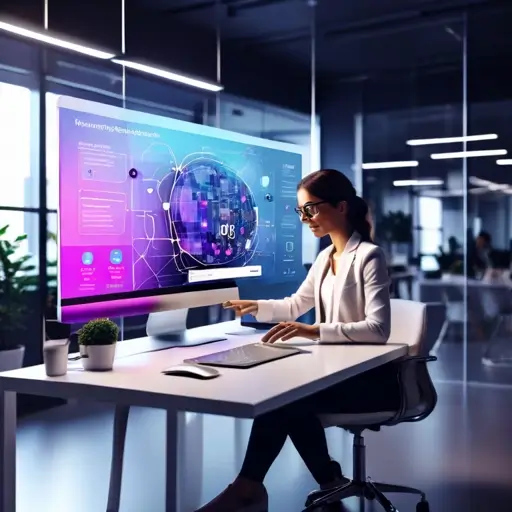 Modern laptop kijelzőjén átlátható weblapszerkesztő felület, ahol AI által javasolt elrendezések jelennek meg