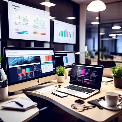 Asztalon nyitott laptopon kódeditor és böngészőablak egy készülő vállalati weboldal tesztverziójával