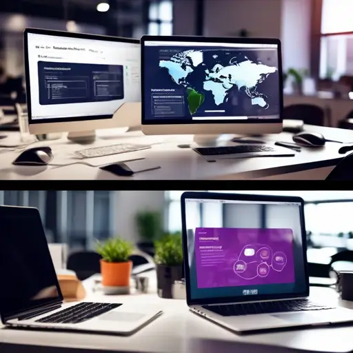 Laptop kijelzőjén céglogó és színes modulok láthatók, miközben webdesigner reszponzív honlap drótvázon dolgozik