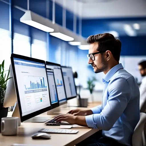 Laptop képernyőjén forgalmi grafikonok és kulcsszóelemzés modern irodai asztalon, jegyzetfüzet és szemüveg mellett.